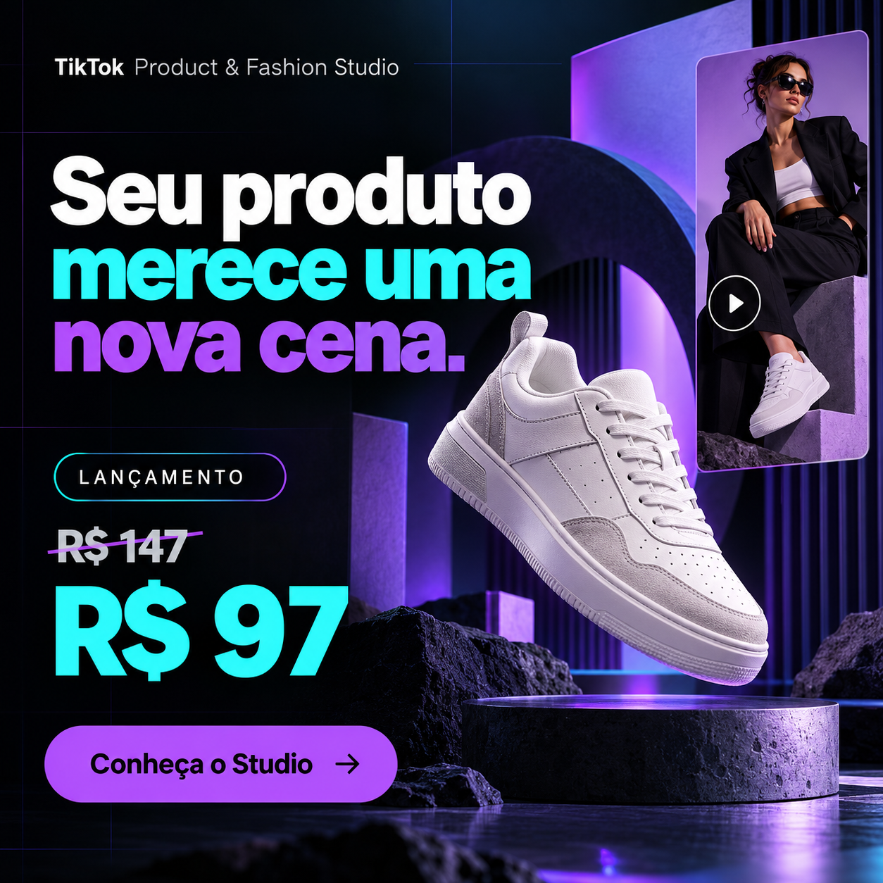 Conceito visual da campanha: tênis em cenário de estúdio e editorial de moda