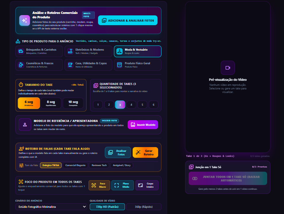Painel geral: fotos, tipos de produto, roteiro e prévia de vídeo